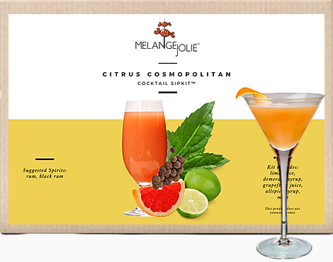 Mélange Jolie Citrus Cosmopolitan Cocktail SipKit™ featuring a martini glass, bar tools, and cocktail ingredients.